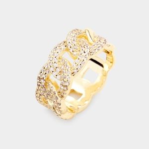 Gold Plated CZ Chain Link Clear Crystal Ring Finger Statement Jewelry Accessory